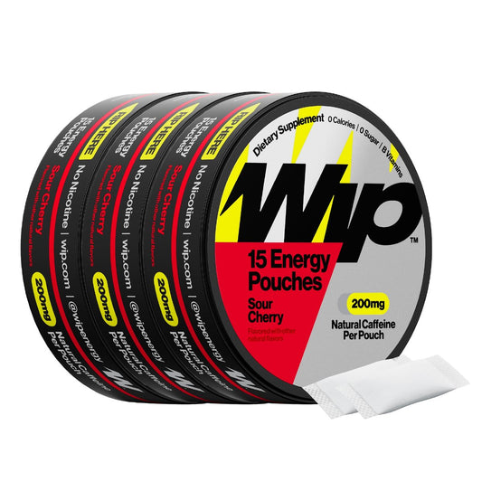 Wip Energy Pouches – Zuckerfreier Energiekick mit 200 mg natürlichem Koffein, B-Vitaminen, Mineralien & L-Theanin – Sauer Kirsche – 3 Dosen à 15 Beutel