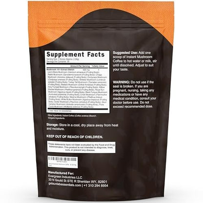Bio Pilz-Kaffee mit 17 funktionellen Pilzen (Löwenmähne, Reishi, Chaga, Cordyceps, Truthahnschwanz & mehr) Gourmet Arabica Instantkaffee für Immunität, Fokus & Energie - USA hergestellt - 30 Portionen