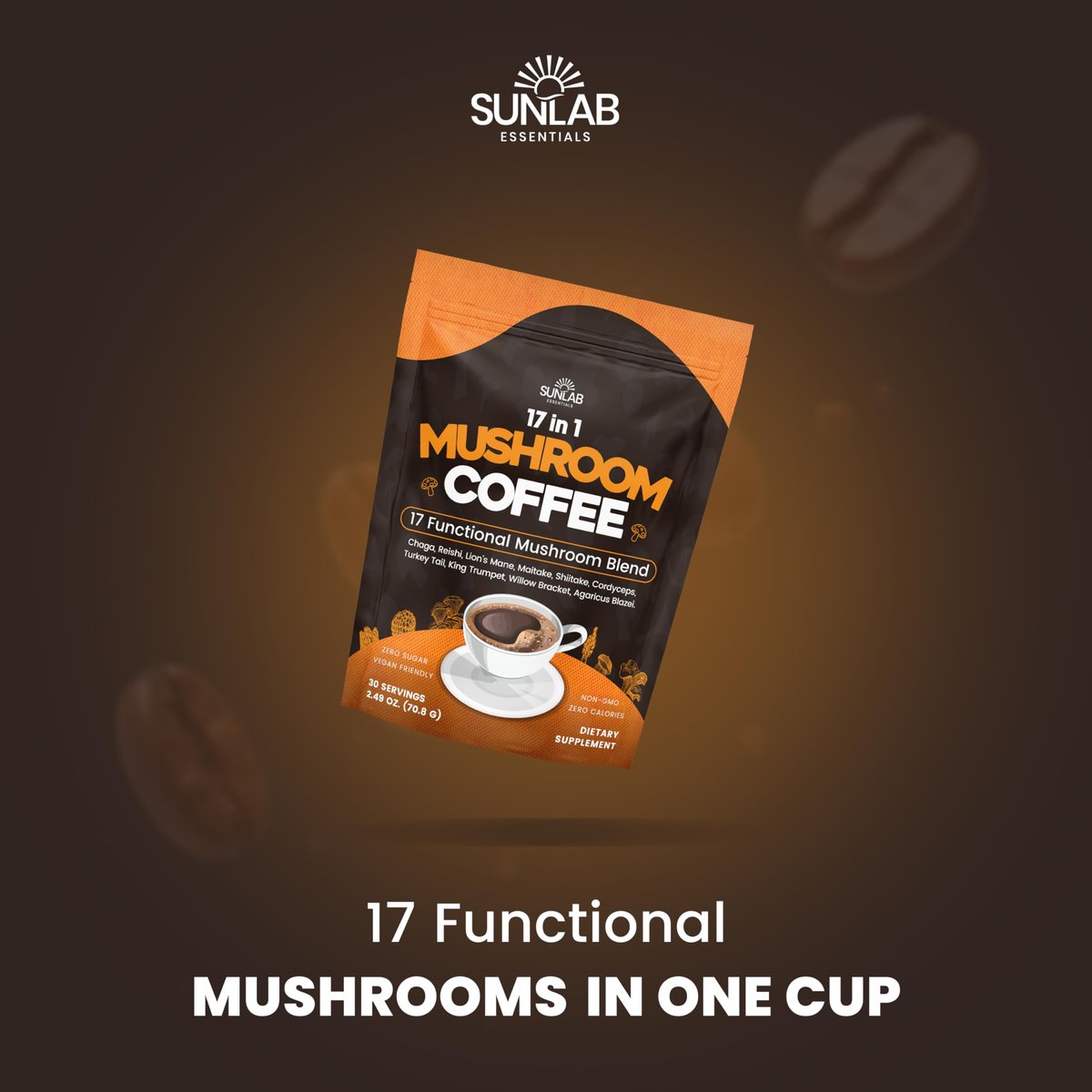 Bio Pilz-Kaffee mit 17 funktionellen Pilzen (Löwenmähne, Reishi, Chaga, Cordyceps, Truthahnschwanz & mehr) Gourmet Arabica Instantkaffee für Immunität, Fokus & Energie - USA hergestellt - 30 Portionen