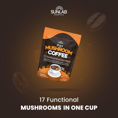 Bio Pilz-Kaffee mit 17 funktionellen Pilzen (Löwenmähne, Reishi, Chaga, Cordyceps, Truthahnschwanz & mehr) Gourmet Arabica Instantkaffee für Immunität, Fokus & Energie - USA hergestellt - 30 Portionen
