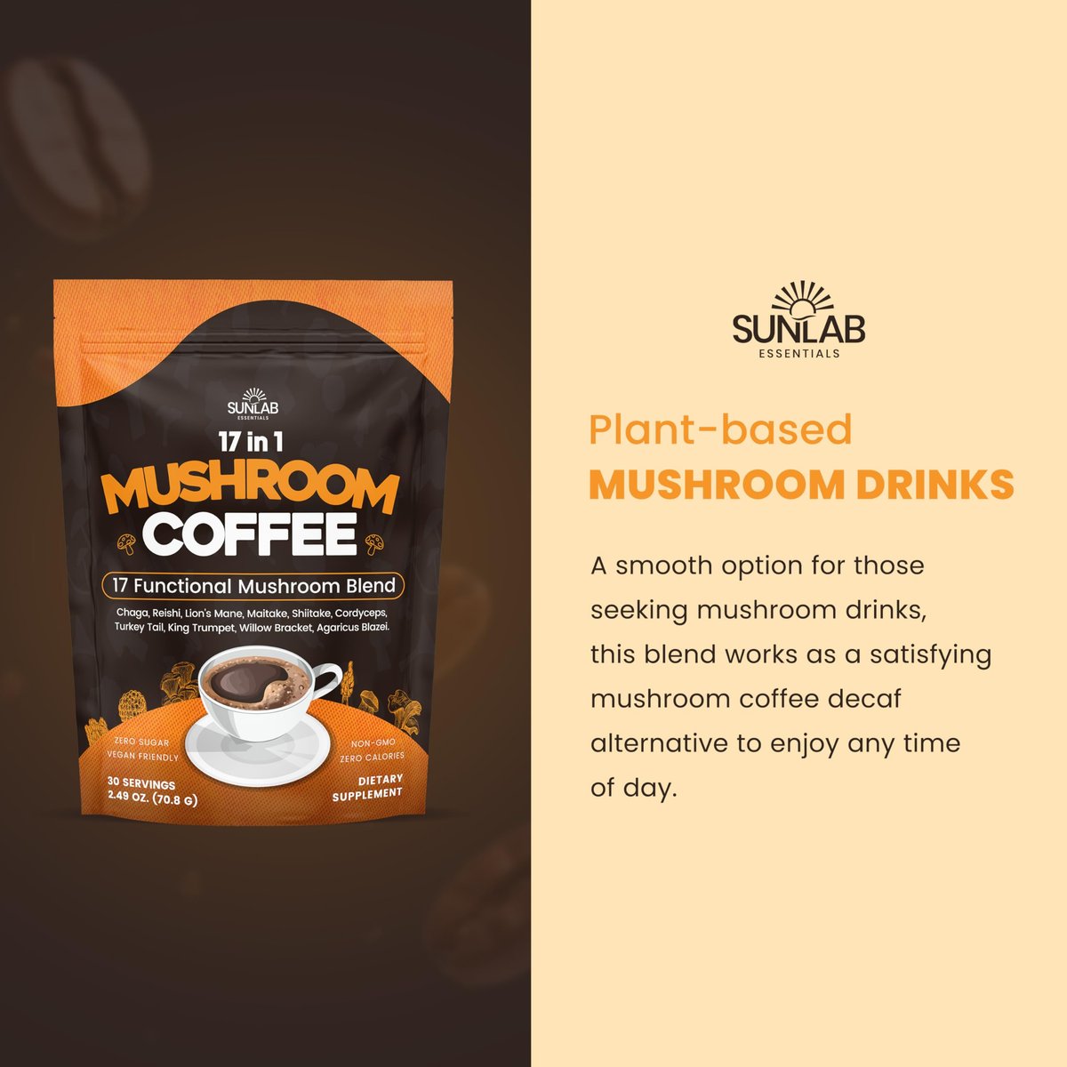 Bio Pilz-Kaffee mit 17 funktionellen Pilzen (Löwenmähne, Reishi, Chaga, Cordyceps, Truthahnschwanz & mehr) Gourmet Arabica Instantkaffee für Immunität, Fokus & Energie - USA hergestellt - 30 Portionen