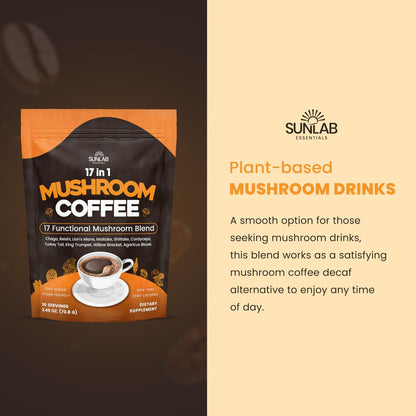 Bio Pilz-Kaffee mit 17 funktionellen Pilzen (Löwenmähne, Reishi, Chaga, Cordyceps, Truthahnschwanz & mehr) Gourmet Arabica Instantkaffee für Immunität, Fokus & Energie - USA hergestellt - 30 Portionen
