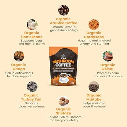 Bio Pilz-Kaffee mit 17 funktionellen Pilzen (Löwenmähne, Reishi, Chaga, Cordyceps, Truthahnschwanz & mehr) Gourmet Arabica Instantkaffee für Immunität, Fokus & Energie - USA hergestellt - 30 Portionen