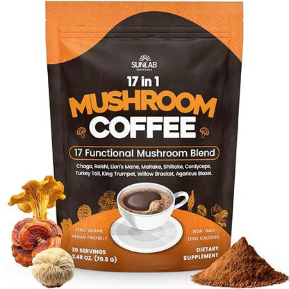 Bio Pilz-Kaffee mit 17 funktionellen Pilzen (Löwenmähne, Reishi, Chaga, Cordyceps, Truthahnschwanz & mehr) Gourmet Arabica Instantkaffee für Immunität, Fokus & Energie - USA hergestellt - 30 Portionen