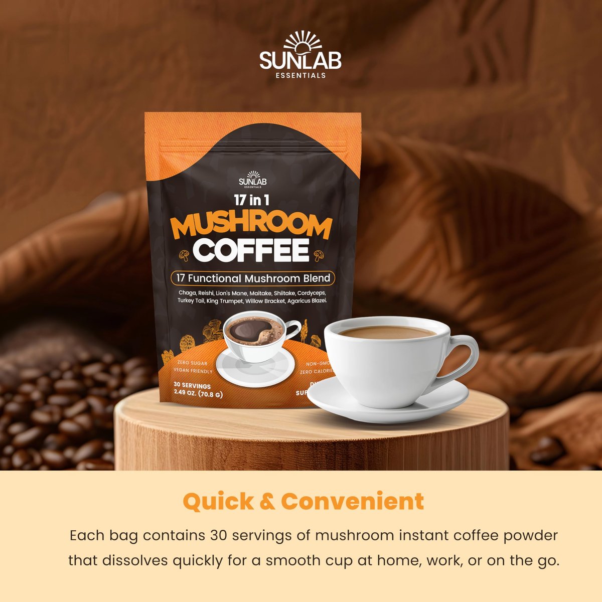 Bio Pilz-Kaffee mit 17 funktionellen Pilzen (Löwenmähne, Reishi, Chaga, Cordyceps, Truthahnschwanz & mehr) Gourmet Arabica Instantkaffee für Immunität, Fokus & Energie - USA hergestellt - 30 Portionen