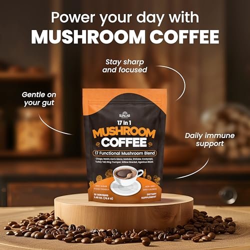 Bio Pilz-Kaffee mit 17 funktionellen Pilzen (Löwenmähne, Reishi, Chaga, Cordyceps, Truthahnschwanz & mehr) Gourmet Arabica Instantkaffee für Immunität, Fokus & Energie - USA hergestellt - 30 Portionen