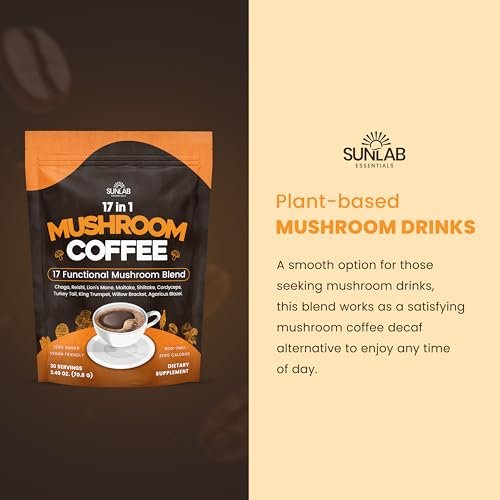 Bio Pilz-Kaffee mit 17 funktionellen Pilzen (Löwenmähne, Reishi, Chaga, Cordyceps, Truthahnschwanz & mehr) Gourmet Arabica Instantkaffee für Immunität, Fokus & Energie - USA hergestellt - 30 Portionen