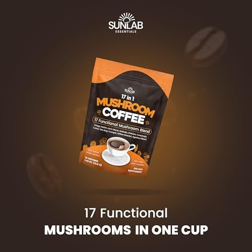Bio Pilz-Kaffee mit 17 funktionellen Pilzen (Löwenmähne, Reishi, Chaga, Cordyceps, Truthahnschwanz & mehr) Gourmet Arabica Instantkaffee für Immunität, Fokus & Energie - USA hergestellt - 30 Portionen