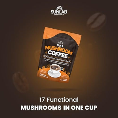 Bio Pilz-Kaffee mit 17 funktionellen Pilzen (Löwenmähne, Reishi, Chaga, Cordyceps, Truthahnschwanz & mehr) Gourmet Arabica Instantkaffee für Immunität, Fokus & Energie - USA hergestellt - 30 Portionen