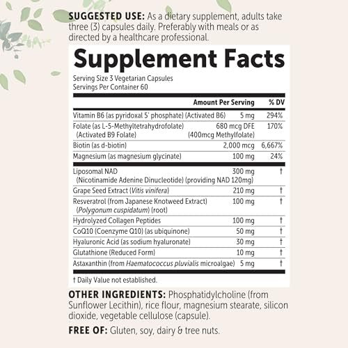 Micro Ingredients Liposomales NAD+ für Frauen Komplex, 180 vegane Kapseln | NMN-Pathway-Ergänzung | 12-in-1 Fortschrittliche NAD-Formel mit Resveratrol, Hyaluronsäure, Glutathion und Kollagen