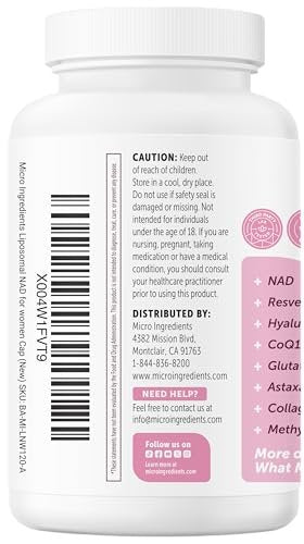 Micro Ingredients Liposomales NAD+ für Frauen Komplex, 180 vegane Kapseln | NMN-Pathway-Ergänzung | 12-in-1 Fortschrittliche NAD-Formel mit Resveratrol, Hyaluronsäure, Glutathion und Kollagen