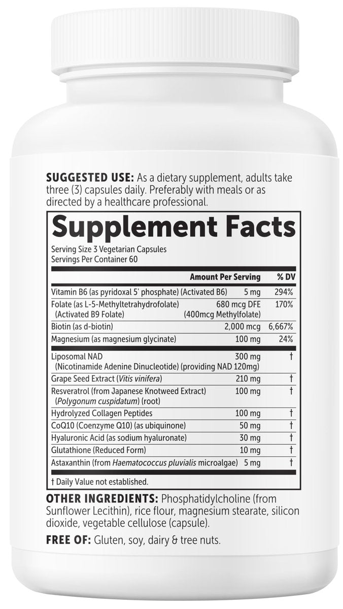 Micro Ingredients Liposomales NAD+ für Frauen Komplex, 180 vegane Kapseln | NMN-Pathway-Ergänzung | 12-in-1 Fortschrittliche NAD-Formel mit Resveratrol, Hyaluronsäure, Glutathion und Kollagen