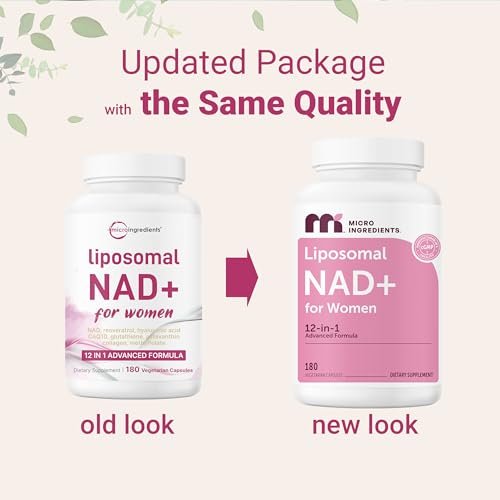 Micro Ingredients Liposomales NAD+ für Frauen Komplex, 180 vegane Kapseln | NMN-Pathway-Ergänzung | 12-in-1 Fortschrittliche NAD-Formel mit Resveratrol, Hyaluronsäure, Glutathion und Kollagen