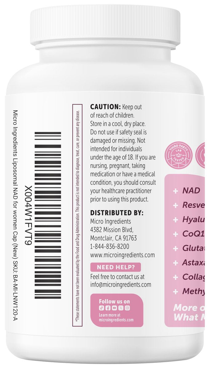 Micro Ingredients Liposomales NAD+ für Frauen Komplex, 180 vegane Kapseln | NMN-Pathway-Ergänzung | 12-in-1 Fortschrittliche NAD-Formel mit Resveratrol, Hyaluronsäure, Glutathion und Kollagen