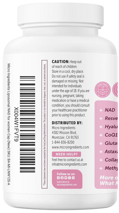 Micro Ingredients Liposomales NAD+ für Frauen Komplex, 180 vegane Kapseln | NMN-Pathway-Ergänzung | 12-in-1 Fortschrittliche NAD-Formel mit Resveratrol, Hyaluronsäure, Glutathion und Kollagen
