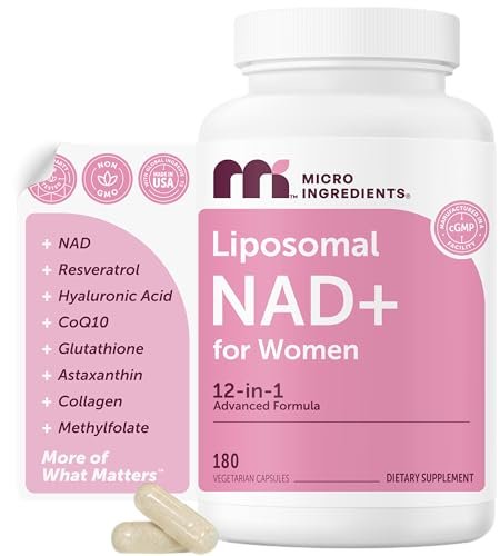 Micro Ingredients Liposomales NAD+ für Frauen Komplex, 180 vegane Kapseln | NMN-Pathway-Ergänzung | 12-in-1 Fortschrittliche NAD-Formel mit Resveratrol, Hyaluronsäure, Glutathion und Kollagen