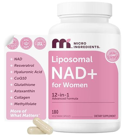 Micro Ingredients Liposomales NAD+ für Frauen Komplex, 180 vegane Kapseln | NMN-Pathway-Ergänzung | 12-in-1 Fortschrittliche NAD-Formel mit Resveratrol, Hyaluronsäure, Glutathion und Kollagen