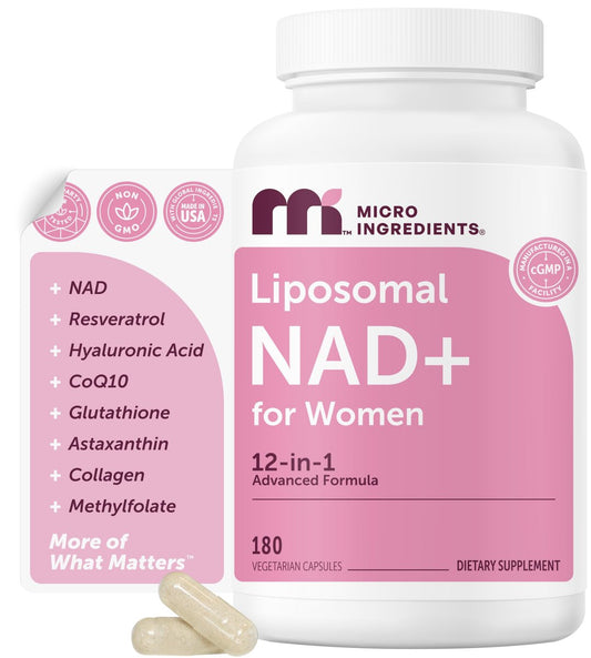 Micro Ingredients Liposomales NAD+ für Frauen Komplex, 180 vegane Kapseln | NMN-Pathway-Ergänzung | 12-in-1 Fortschrittliche NAD-Formel mit Resveratrol, Hyaluronsäure, Glutathion und Kollagen