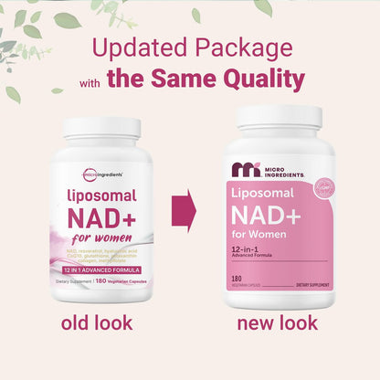 Micro Ingredients Liposomales NAD+ für Frauen Komplex, 180 vegane Kapseln | NMN-Pathway-Ergänzung | 12-in-1 Fortschrittliche NAD-Formel mit Resveratrol, Hyaluronsäure, Glutathion und Kollagen