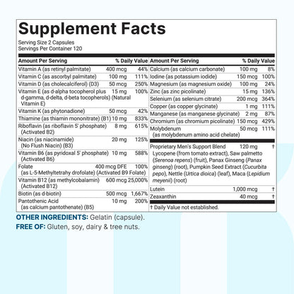 Micro Ingredients Reines methyliertes Multivitamin für Männer, 240 Kapseln | 30 essentielle Nährstoffe mit aktiviertem B-Komplex & Methylfolat + Sägepalme, Ginseng, Maca, Lycopin, Vitamin D3 & Zink