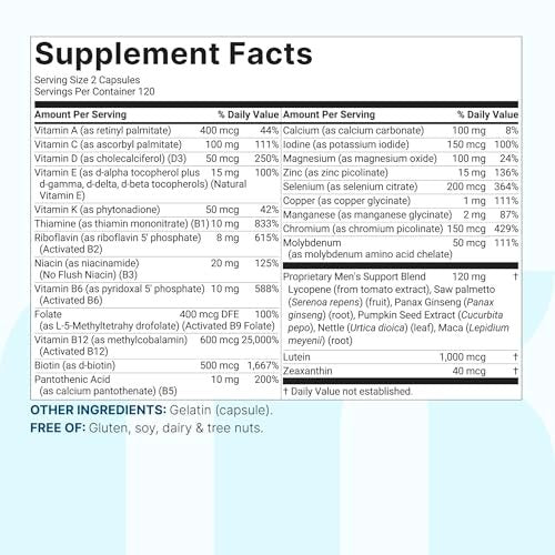Micro Ingredients Reines methyliertes Multivitamin für Männer, 240 Kapseln | 30 essentielle Nährstoffe mit aktiviertem B-Komplex & Methylfolat + Sägepalme, Ginseng, Maca, Lycopin, Vitamin D3 & Zink