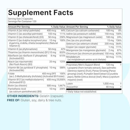 Micro Ingredients Reines methyliertes Multivitamin für Männer, 240 Kapseln | 30 essentielle Nährstoffe mit aktiviertem B-Komplex & Methylfolat + Sägepalme, Ginseng, Maca, Lycopin, Vitamin D3 & Zink