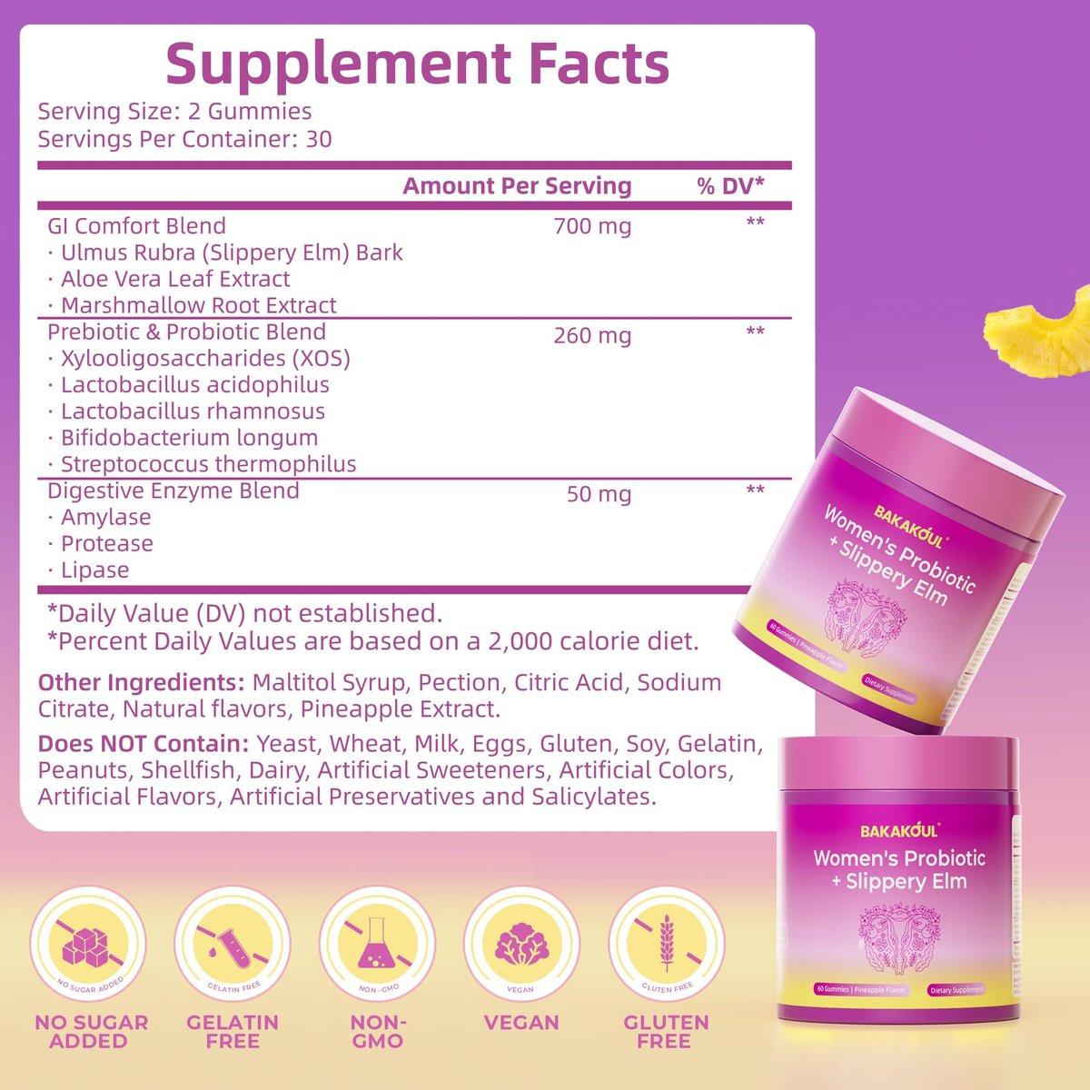 BAKAKOUL Feminin Probiotika Gummis für Frauen – Vaginale Probiotika mit Ulme, Präbiotika & Probiotika unterstützt pH-Gleichgewicht, Immunsystem, vegan, ohne Gentechnik, Ananasgeschmack, 60 Gummis 1 Packung