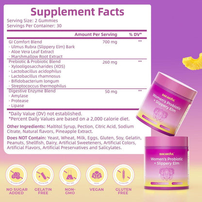 BAKAKOUL Feminin Probiotika Gummis für Frauen – Vaginale Probiotika mit Ulme, Präbiotika & Probiotika unterstützt pH-Gleichgewicht, Immunsystem, vegan, ohne Gentechnik, Ananasgeschmack, 60 Gummis 1 Packung