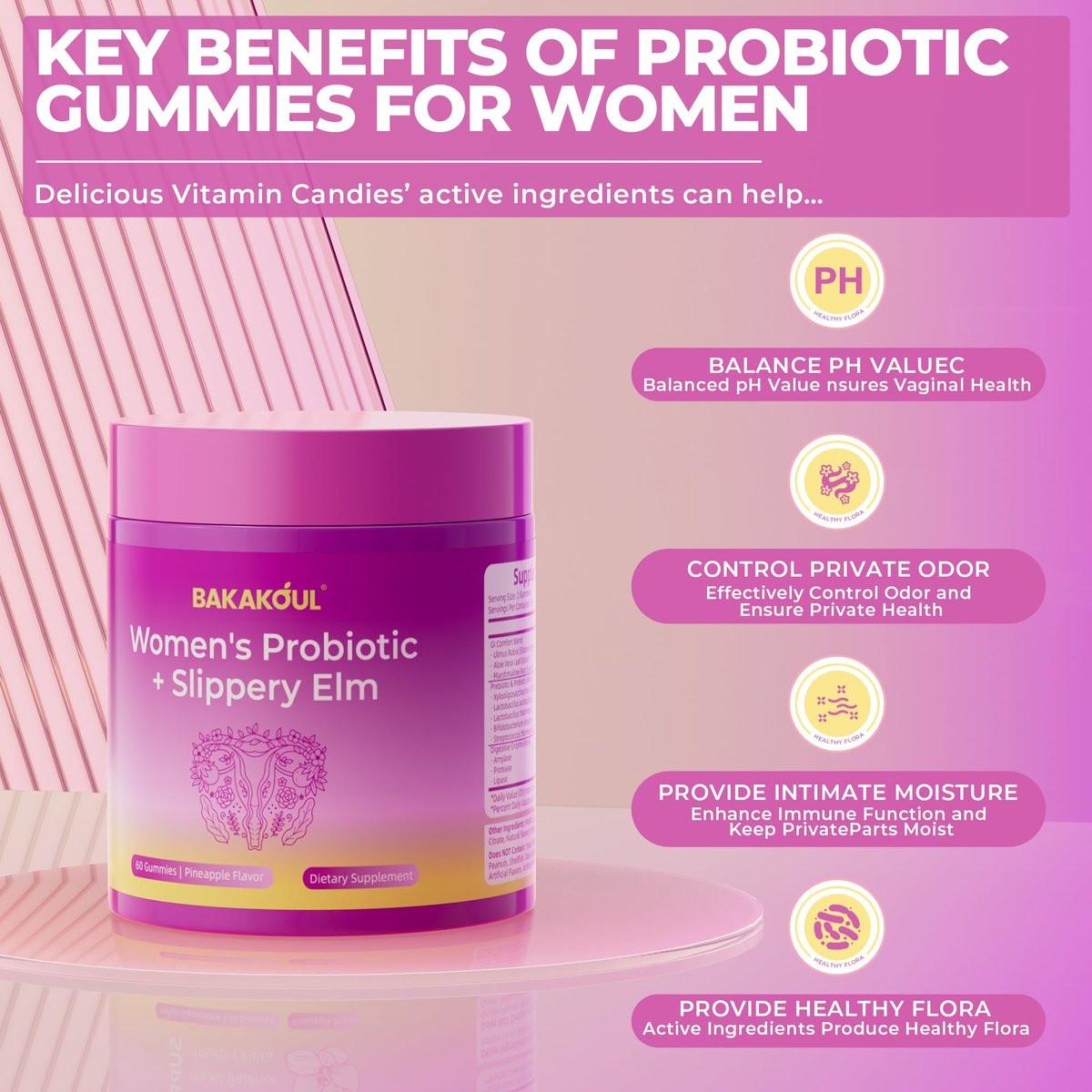 BAKAKOUL Feminin Probiotika Gummis für Frauen – Vaginale Probiotika mit Ulme, Präbiotika & Probiotika unterstützt pH-Gleichgewicht, Immunsystem, vegan, ohne Gentechnik, Ananasgeschmack, 60 Gummis 1 Packung
