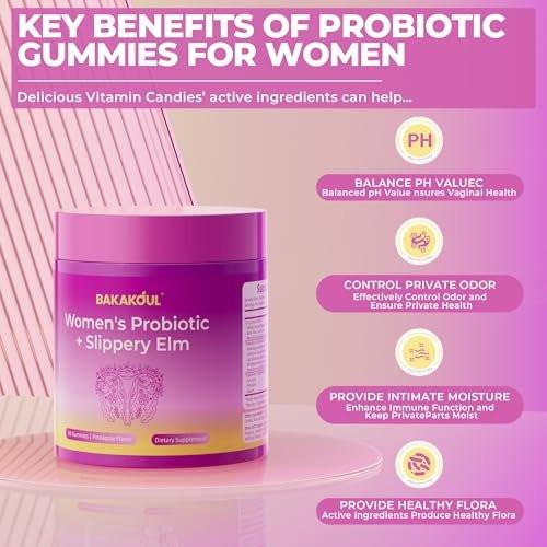 BAKAKOUL Feminin Probiotika Gummis für Frauen – Vaginale Probiotika mit Ulme, Präbiotika & Probiotika unterstützt pH-Gleichgewicht, Immunsystem, vegan, ohne Gentechnik, Ananasgeschmack, 60 Gummis 1 Packung