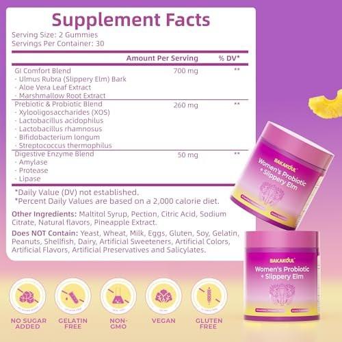 BAKAKOUL Feminin Probiotika Gummis für Frauen – Vaginale Probiotika mit Ulme, Präbiotika & Probiotika unterstützt pH-Gleichgewicht, Immunsystem, vegan, ohne Gentechnik, Ananasgeschmack, 60 Gummis 1 Packung