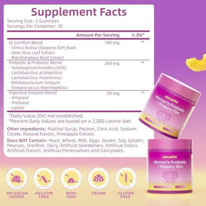 BAKAKOUL Feminin Probiotika Gummis für Frauen – Vaginale Probiotika mit Ulme, Präbiotika & Probiotika unterstützt pH-Gleichgewicht, Immunsystem, vegan, ohne Gentechnik, Ananasgeschmack, 60 Gummis 1 Packung