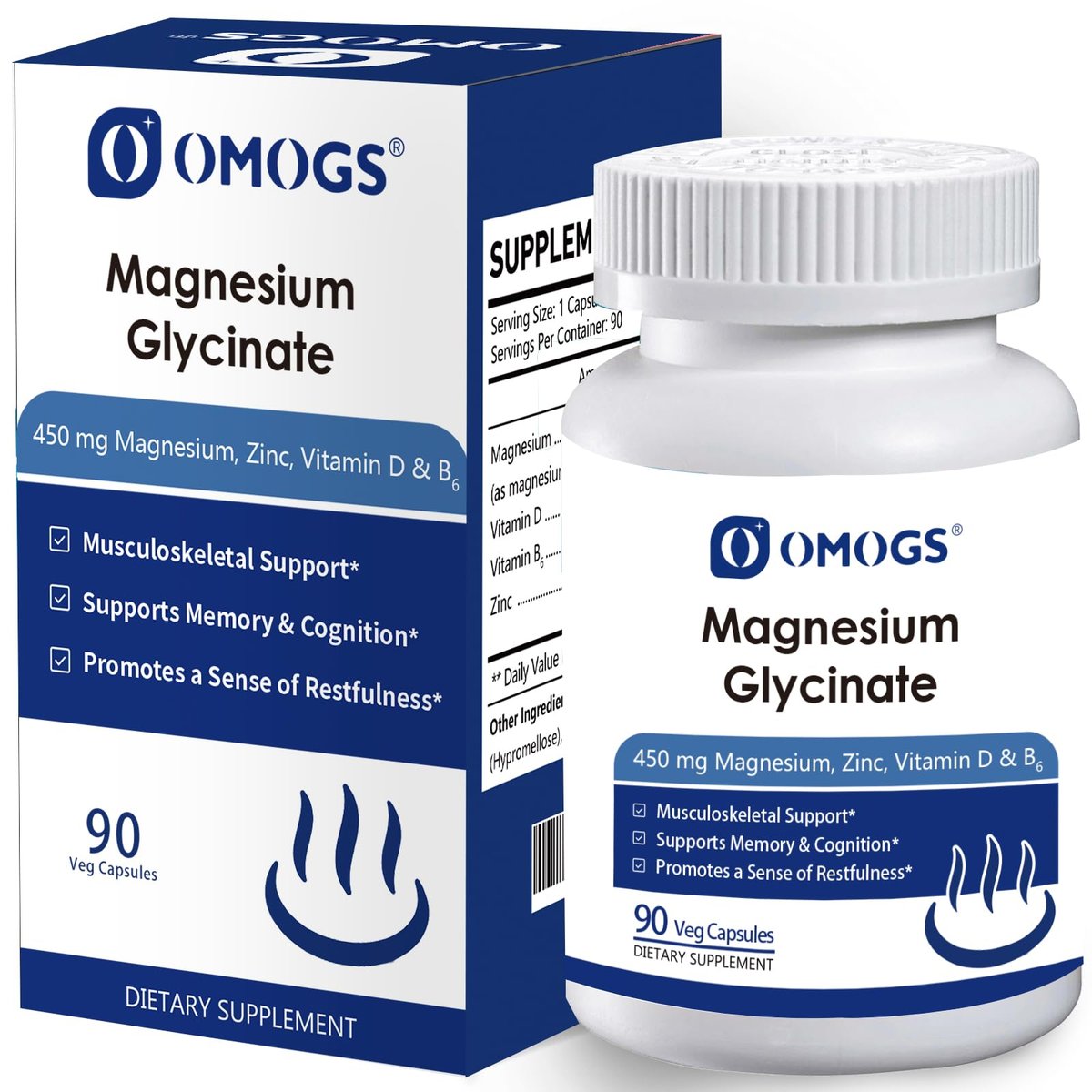 OMOGS Hochabsorbierendes Magnesiumglycinat – Unterstützt Schlaf, Muskelentspannung, Herz- und Knochengesundheit – Glutenfrei, Nicht-GVO, 90 vegane Kapseln