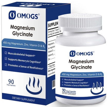 OMOGS Hochabsorbierendes Magnesiumglycinat – Unterstützt Schlaf, Muskelentspannung, Herz- und Knochengesundheit – Glutenfrei, Nicht-GVO, 90 vegane Kapseln