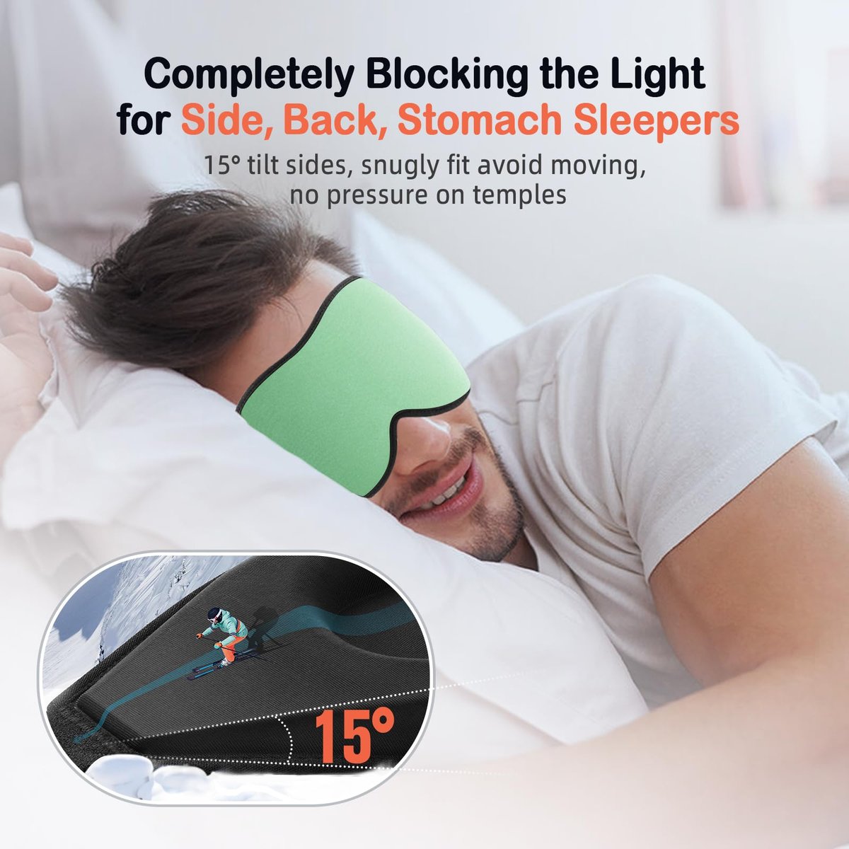 LitBear Schlafmaske für Seitenschläfer – 3D Konturierte Augenmaske, Lichtblockierend, Atmungsaktiv, Verstellbar – Mintgrün