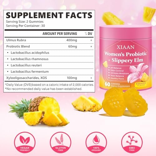 XIAAN Frauen Probiotische Slippery Elm Gummies – Saftige feminine Probiotika für pH-Gleichgewicht & Immunsystem, vaginale Probiotika-Gummis, zuckerfrei, vegan, Ananasgeschmack, 60 Stück