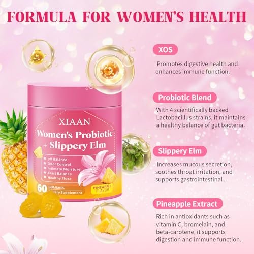 XIAAN Frauen Probiotische Slippery Elm Gummies – Saftige feminine Probiotika für pH-Gleichgewicht & Immunsystem, vaginale Probiotika-Gummis, zuckerfrei, vegan, Ananasgeschmack, 60 Stück