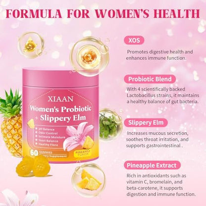 XIAAN Frauen Probiotische Slippery Elm Gummies – Saftige feminine Probiotika für pH-Gleichgewicht & Immunsystem, vaginale Probiotika-Gummis, zuckerfrei, vegan, Ananasgeschmack, 60 Stück