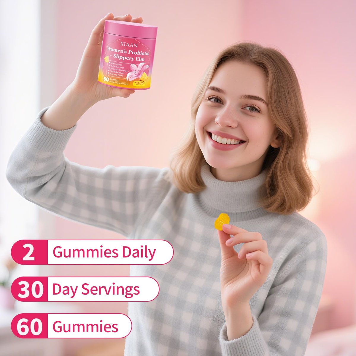 XIAAN Frauen Probiotische Slippery Elm Gummies – Saftige feminine Probiotika für pH-Gleichgewicht & Immunsystem, vaginale Probiotika-Gummis, zuckerfrei, vegan, Ananasgeschmack, 60 Stück