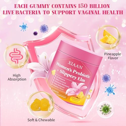 XIAAN Frauen Probiotische Slippery Elm Gummies – Saftige feminine Probiotika für pH-Gleichgewicht & Immunsystem, vaginale Probiotika-Gummis, zuckerfrei, vegan, Ananasgeschmack, 60 Stück