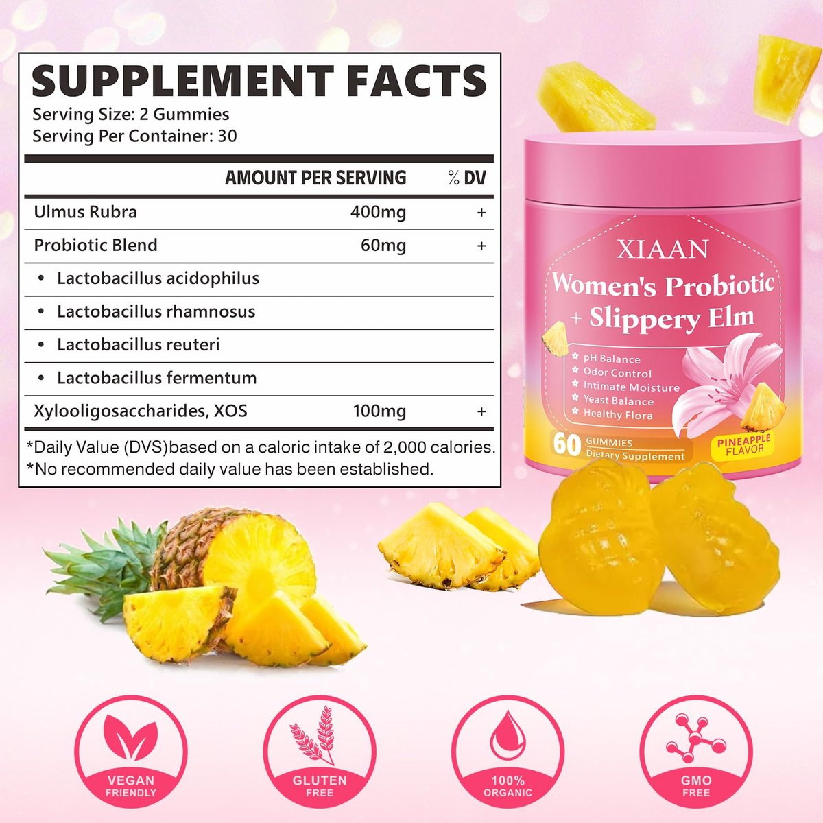 XIAAN Frauen Probiotische Slippery Elm Gummies – Saftige feminine Probiotika für pH-Gleichgewicht & Immunsystem, vaginale Probiotika-Gummis, zuckerfrei, vegan, Ananasgeschmack, 60 Stück