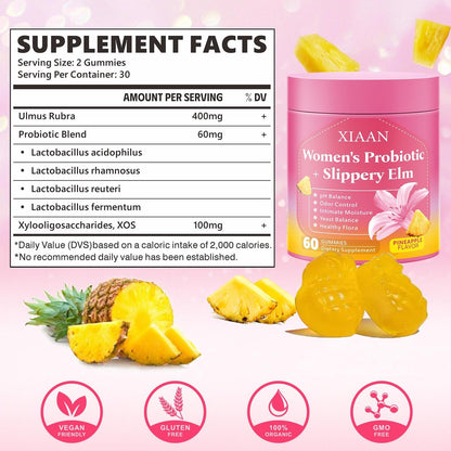 XIAAN Frauen Probiotische Slippery Elm Gummies – Saftige feminine Probiotika für pH-Gleichgewicht & Immunsystem, vaginale Probiotika-Gummis, zuckerfrei, vegan, Ananasgeschmack, 60 Stück