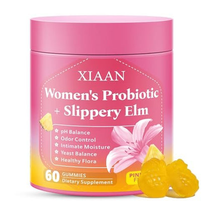 XIAAN Frauen Probiotische Slippery Elm Gummies – Saftige feminine Probiotika für pH-Gleichgewicht & Immunsystem, vaginale Probiotika-Gummis, zuckerfrei, vegan, Ananasgeschmack, 60 Stück