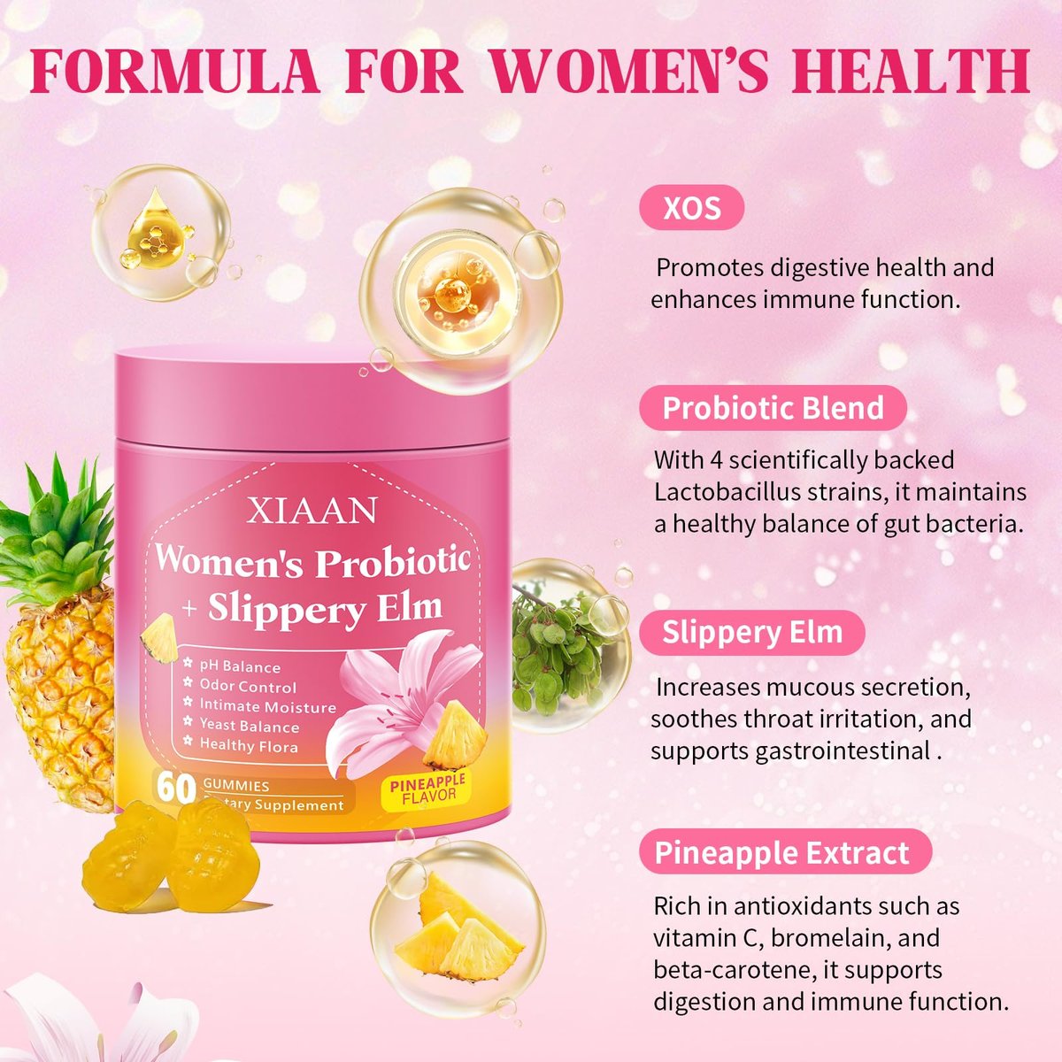 XIAAN Frauen Probiotische Slippery Elm Gummies – Saftige feminine Probiotika für pH-Gleichgewicht & Immunsystem, vaginale Probiotika-Gummis, zuckerfrei, vegan, Ananasgeschmack, 60 Stück