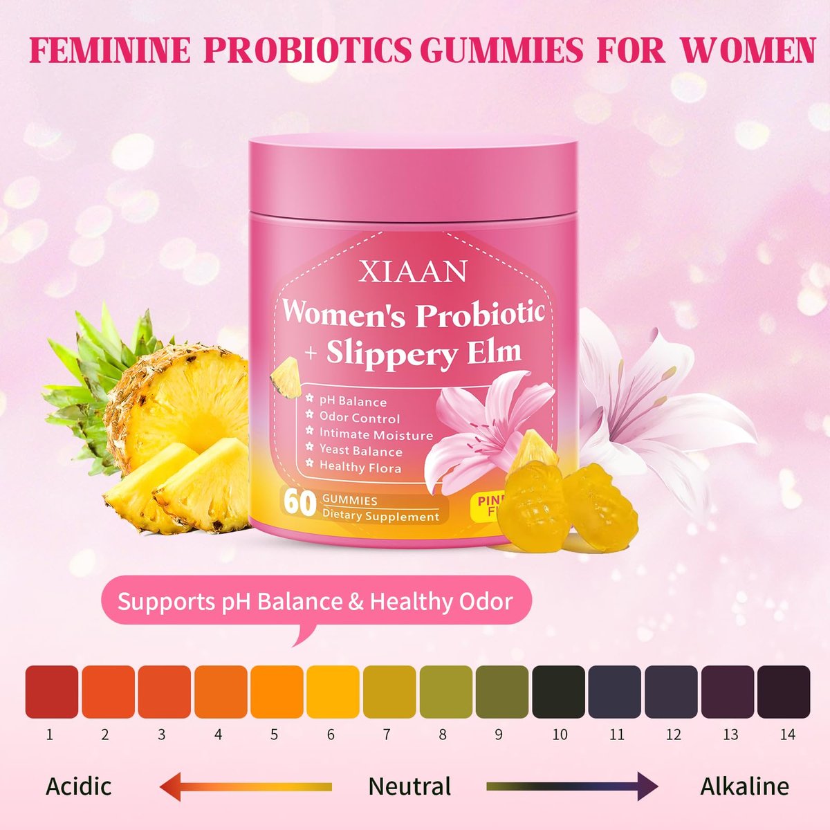 XIAAN Frauen Probiotische Slippery Elm Gummies – Saftige feminine Probiotika für pH-Gleichgewicht & Immunsystem, vaginale Probiotika-Gummis, zuckerfrei, vegan, Ananasgeschmack, 60 Stück
