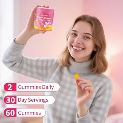 XIAAN Frauen Probiotische Slippery Elm Gummies – Saftige feminine Probiotika für pH-Gleichgewicht & Immunsystem, vaginale Probiotika-Gummis, zuckerfrei, vegan, Ananasgeschmack, 60 Stück