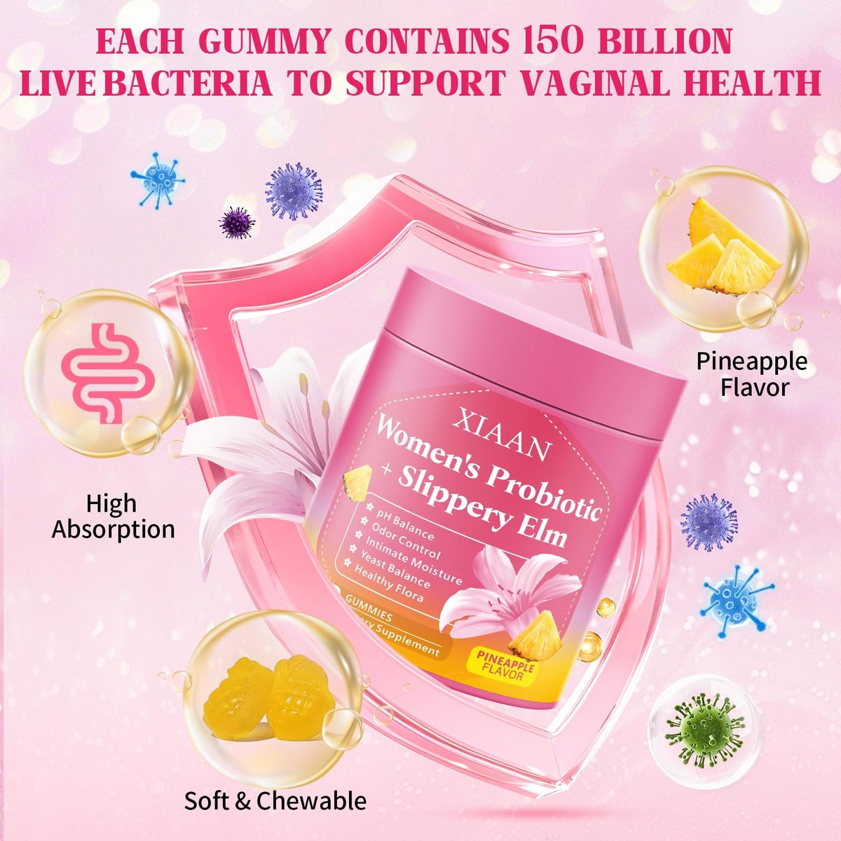 XIAAN Frauen Probiotische Slippery Elm Gummies – Saftige feminine Probiotika für pH-Gleichgewicht & Immunsystem, vaginale Probiotika-Gummis, zuckerfrei, vegan, Ananasgeschmack, 60 Stück