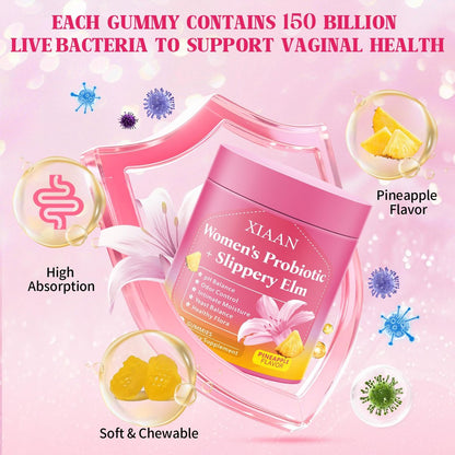 XIAAN Frauen Probiotische Slippery Elm Gummies – Saftige feminine Probiotika für pH-Gleichgewicht & Immunsystem, vaginale Probiotika-Gummis, zuckerfrei, vegan, Ananasgeschmack, 60 Stück