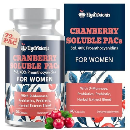 Elystrixionis 72mg PAC Cranberry Kapseln für Frauen - Organischer Cranberrysaft Extrakt plus 1000mg D-Mannose, Unterstützt die Gesundheit der Harnwege, Cranberry Nahrungsergänzungsmittel - 90 Kapseln