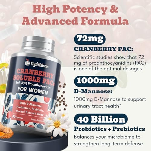 Elystrixionis 72mg PAC Cranberry Kapseln für Frauen - Organischer Cranberrysaft Extrakt plus 1000mg D-Mannose, Unterstützt die Gesundheit der Harnwege, Cranberry Nahrungsergänzungsmittel - 90 Kapseln